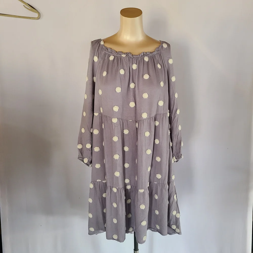 CATO Boho Dusty Lavender Hue Tiered Mini Dress with White Pom-Poms - Size L